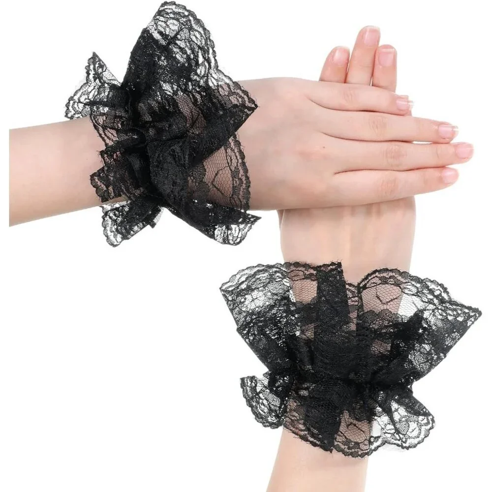 Women's Black Short Elastic Hand Sleeve Gloves Ruffled Floral Cuff Accessories